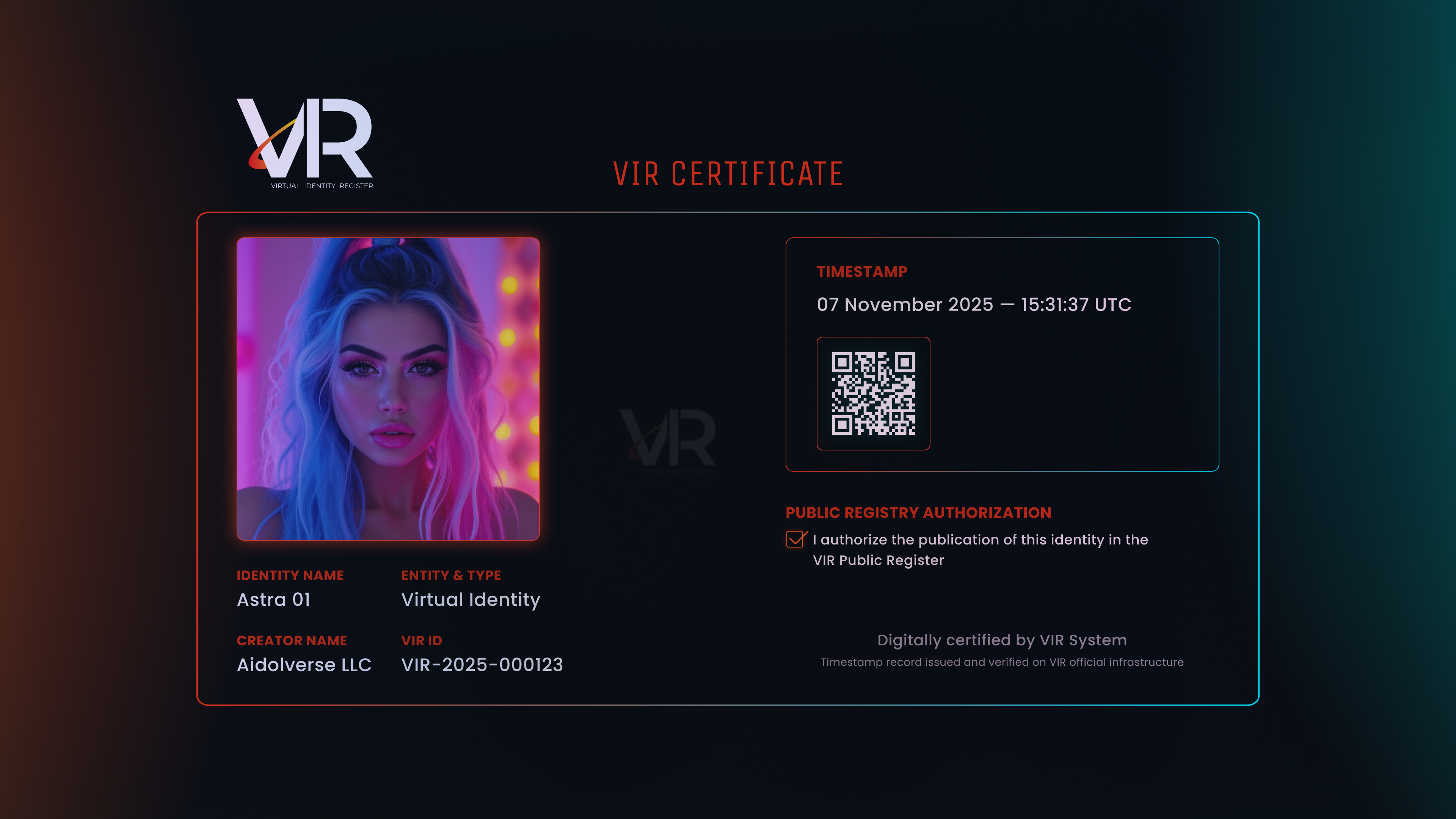 VIR Official Certificate